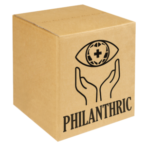 A box with "Philanthric" written on it and a logo featuring hands presenting an eye with the globe, a heart, and the cross aid symbol in its pupil
